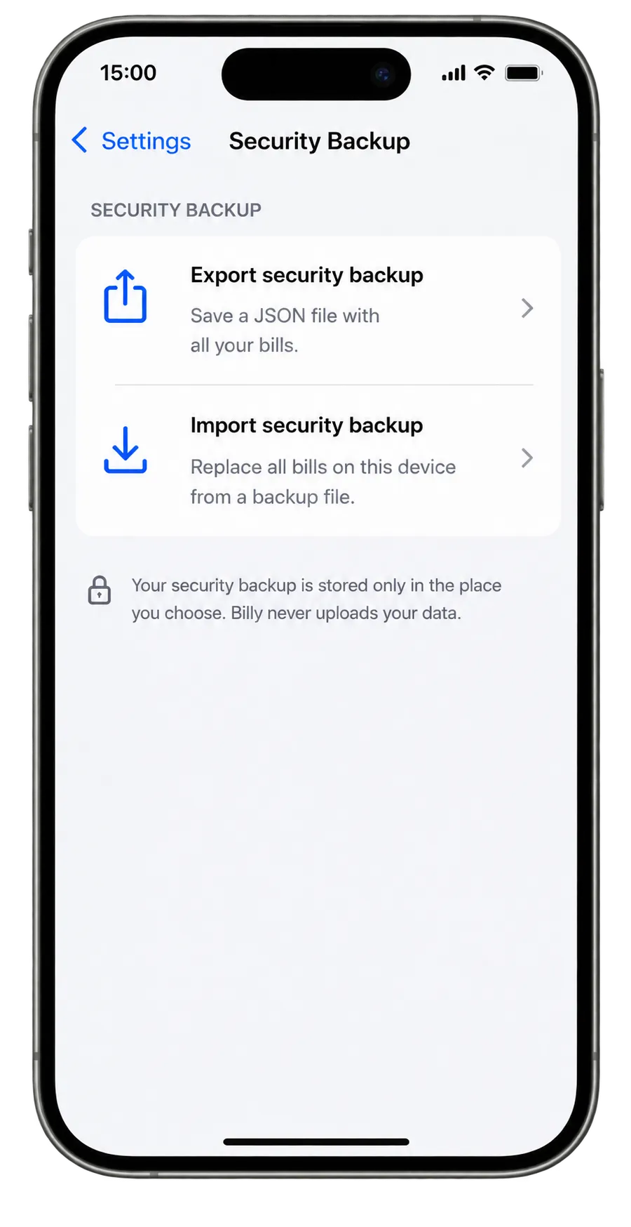 Security backup screen to export or import a backup file on device