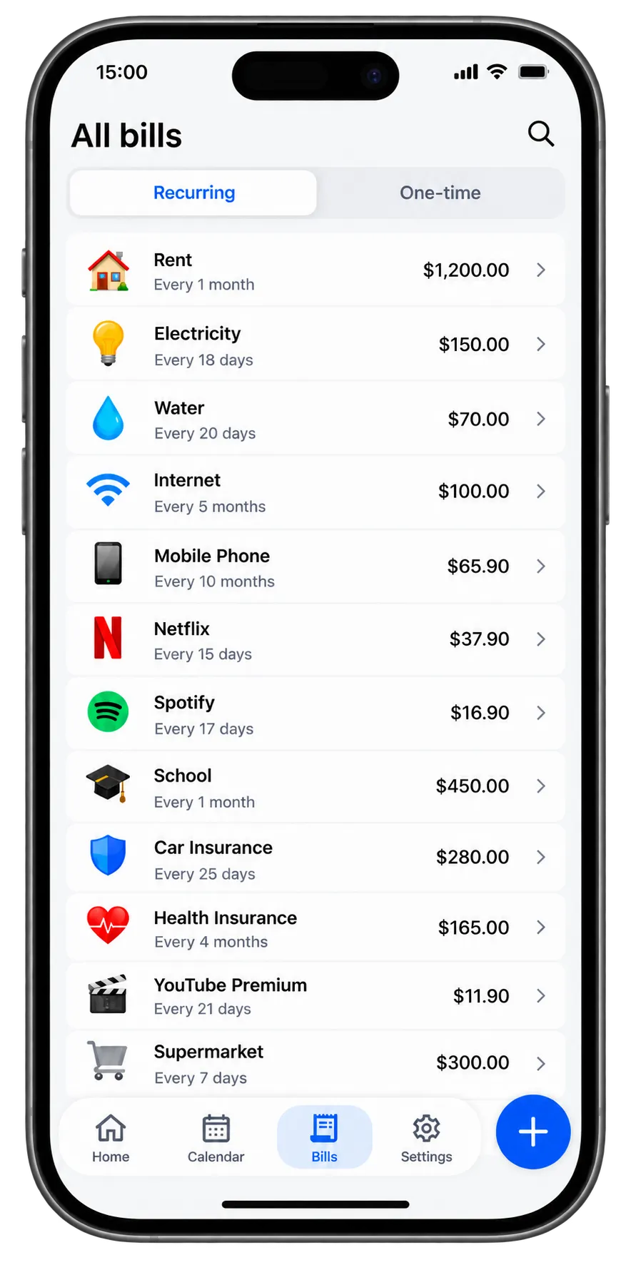 All bills list with recurring payments such as rent, utilities, and subscriptions