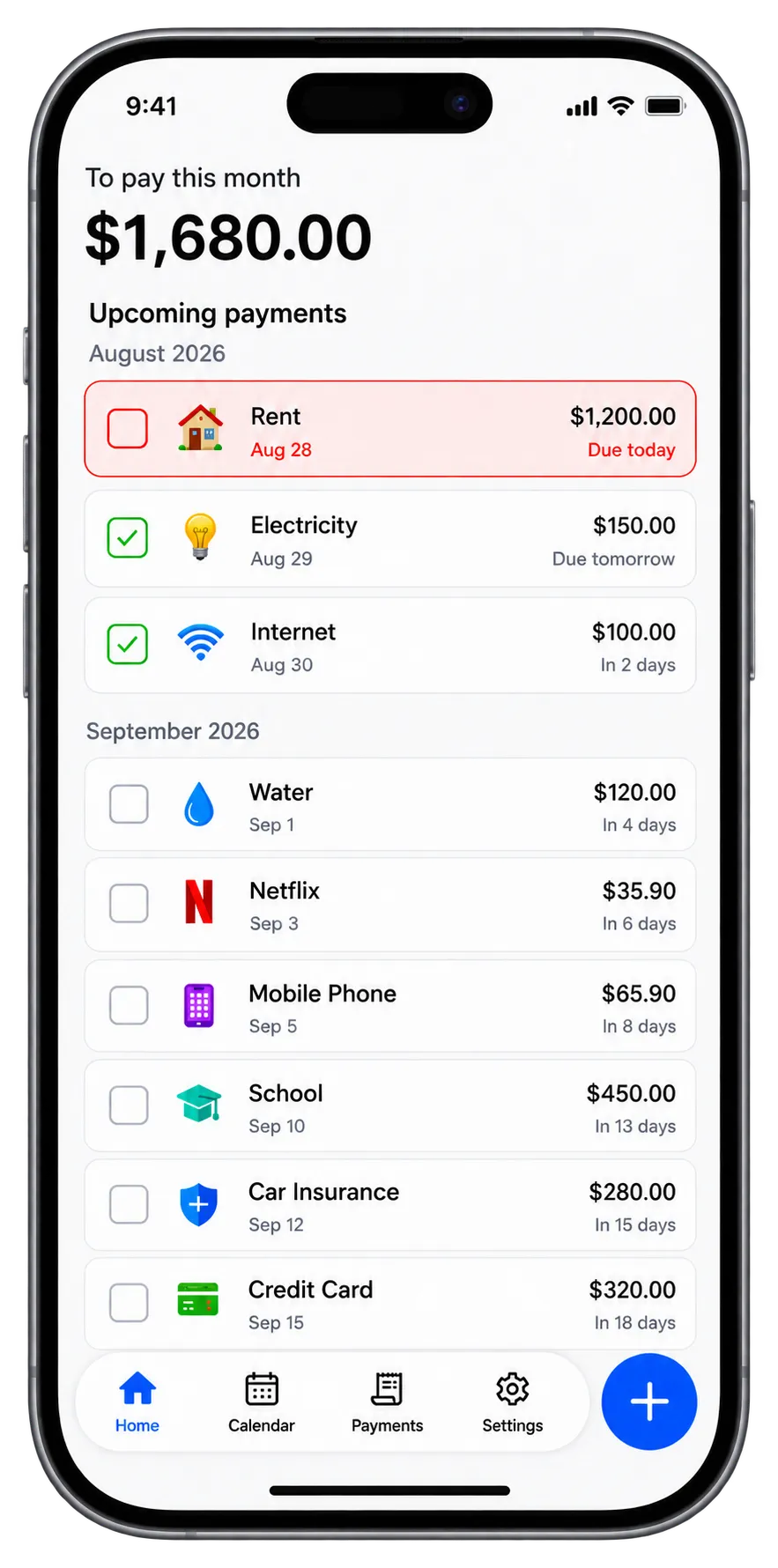 Billy home screen showing upcoming bills and what’s due this month